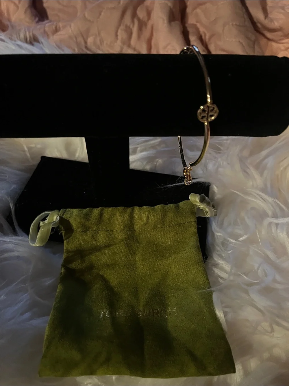 Gold-Tone Logo Bangle with Olive Drawstring Pouch